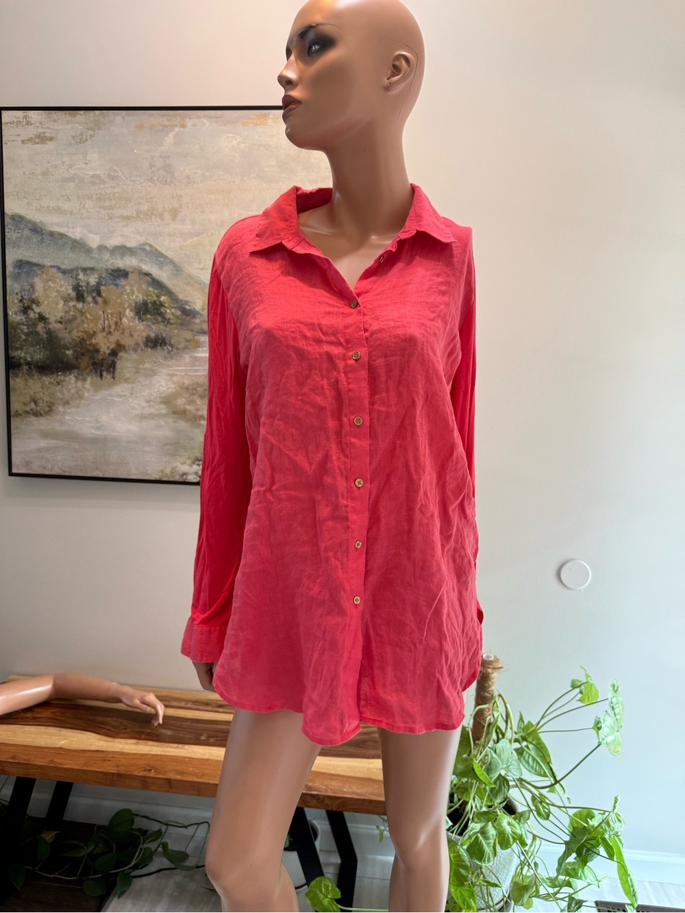 Calvin Klein Coral Button-Front adj Sleeve Shirt linen front long loose fit